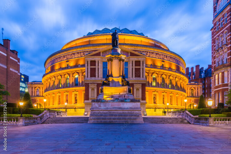 Illuminated Royal Albert Hall, London, England, UK at night
