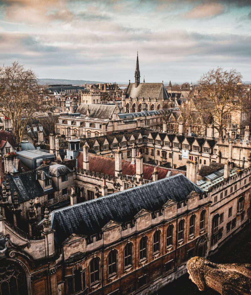 View from the University Church of St Mary the Virgin, opposite the Radcliffe Camera in Oxford. Bird's eye view of the city of dreaming spires.