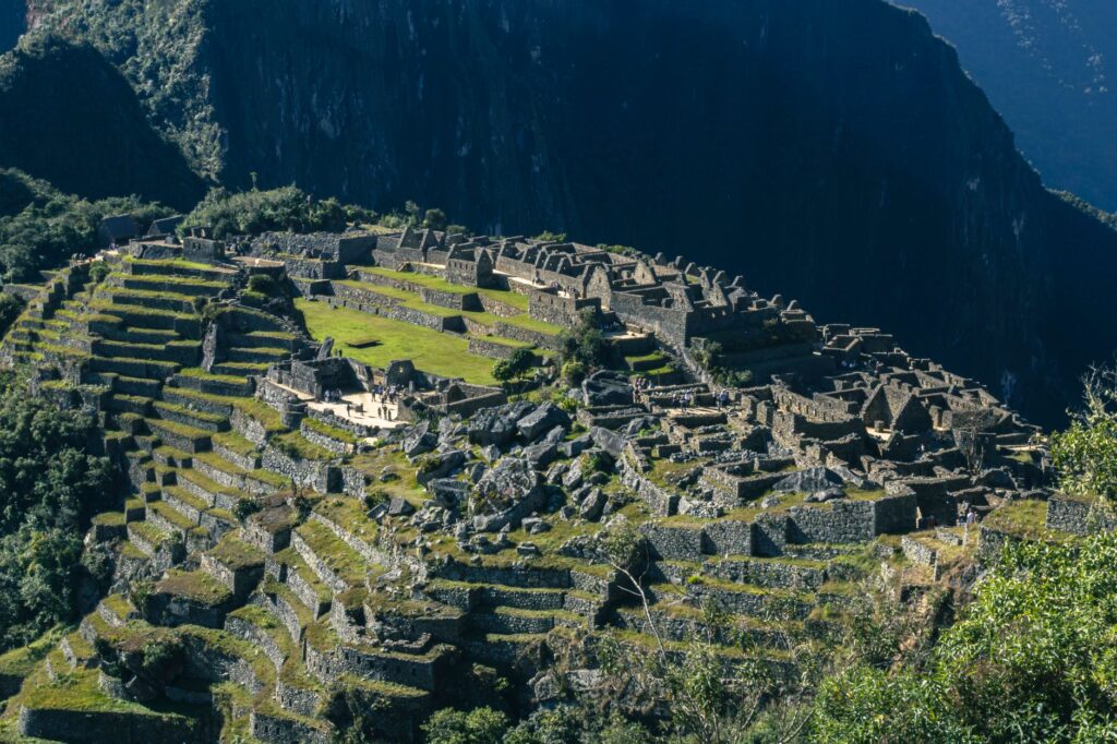 Stunning aerial view of Machu Picchu in Peru, showcasing the ancient Inca citadel's architecture.