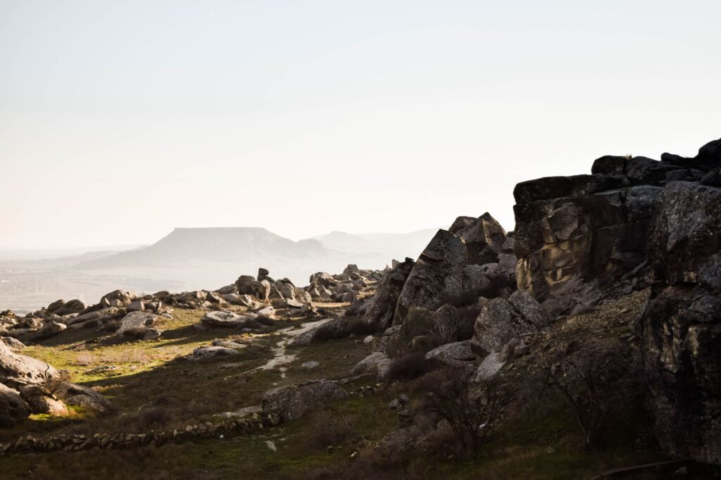 Stunning landscape view of rock formations and mountains in Azerbaijan.