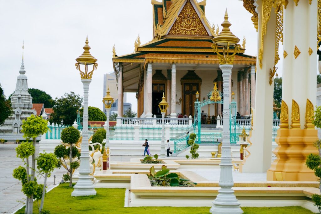 A stunning view of the Royal Palace in Phnom Penh, showcasing its intricate architecture and beautiful gardens.