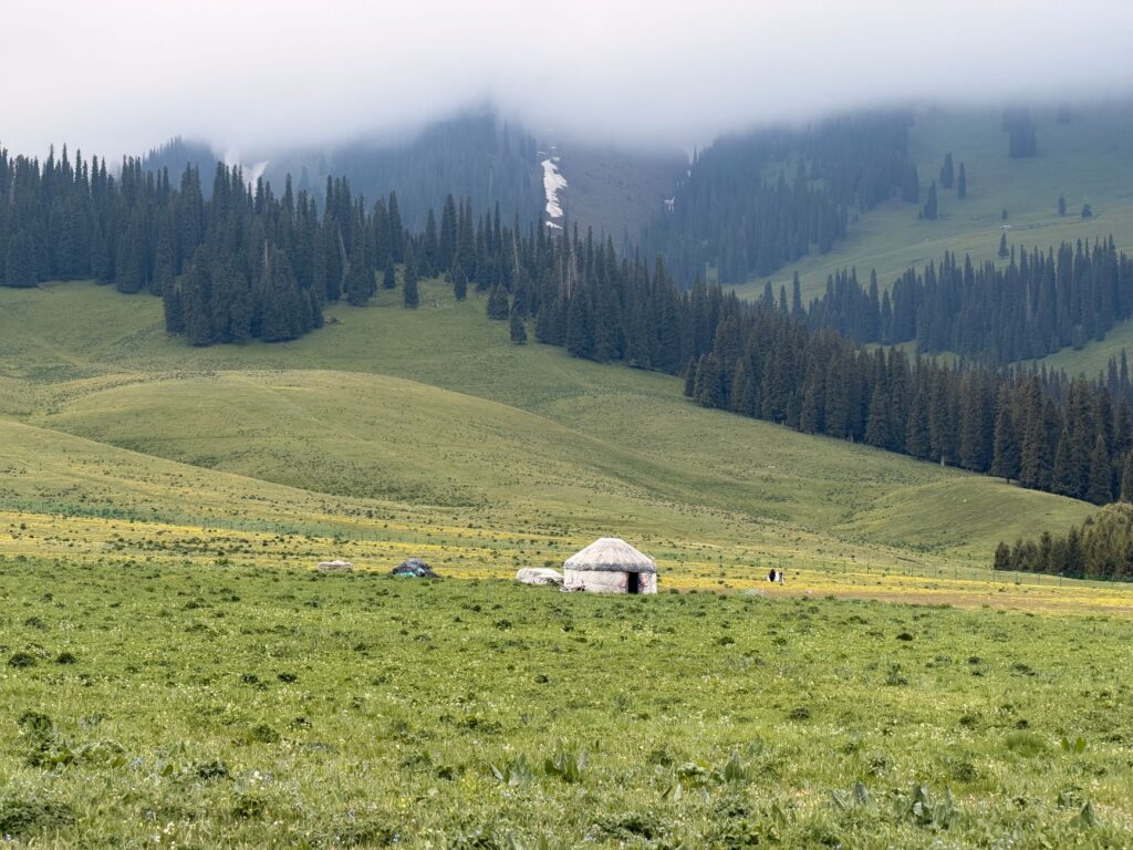 Serene mountain landscape featuring a traditional yurt amidst lush greenery and misty hills.