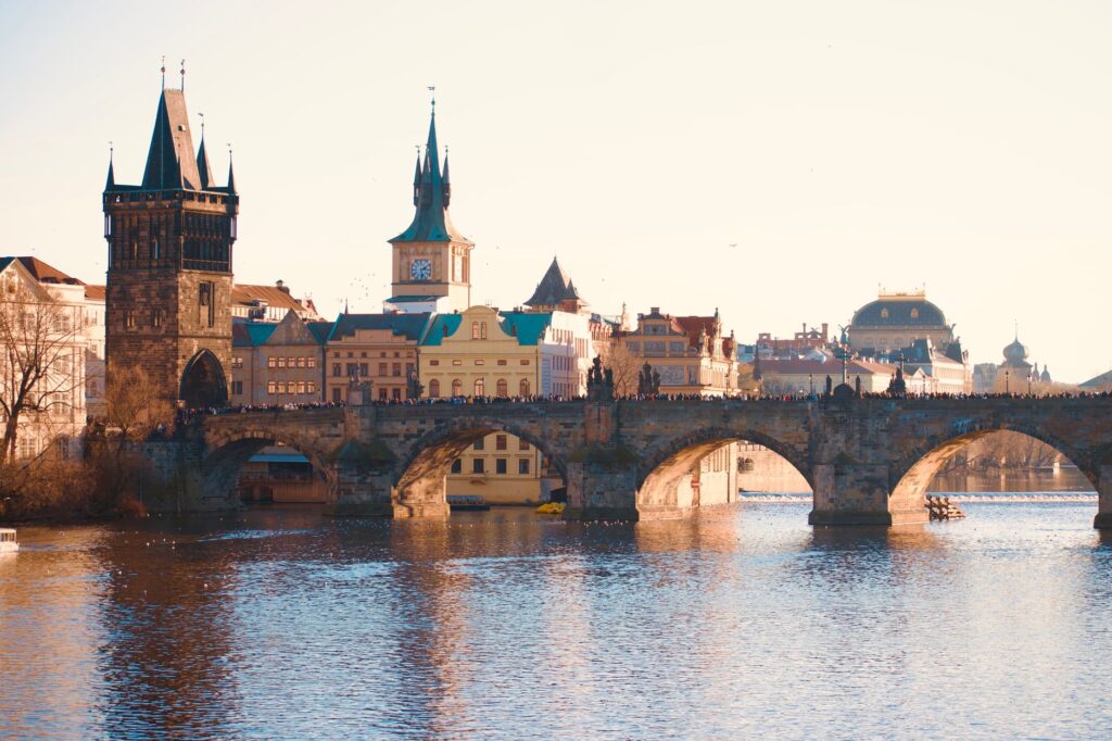 Scenic view of Charles Bridge and historic buildings in Prague, Czech Republic.