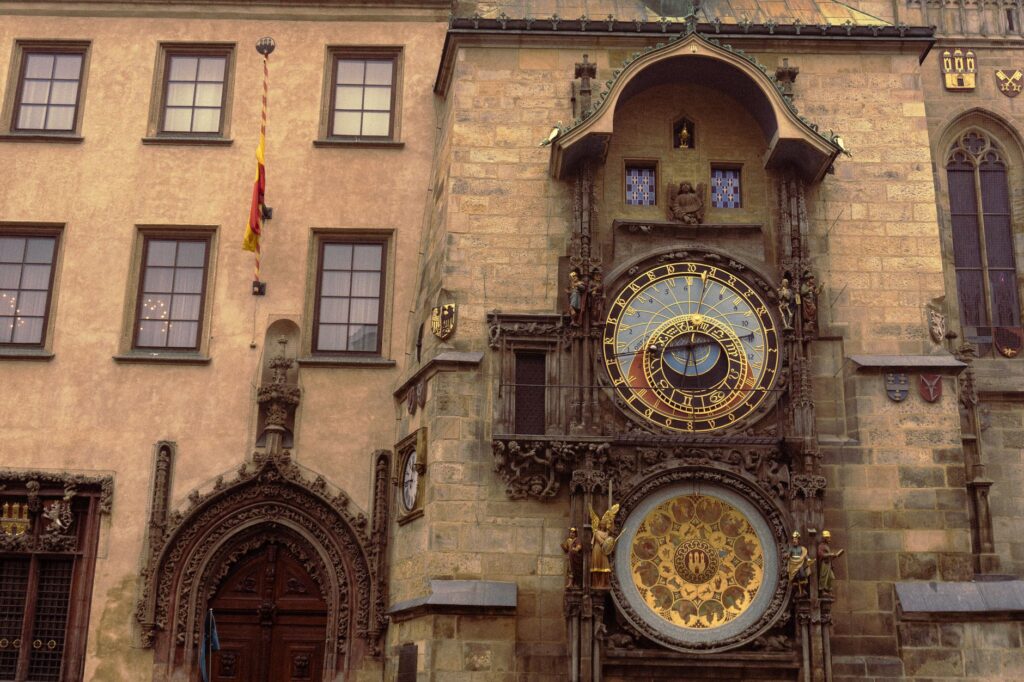The historic Astronomical Clock in Prague's Old Town Square, showcasing intricate medieval craftsmanship.