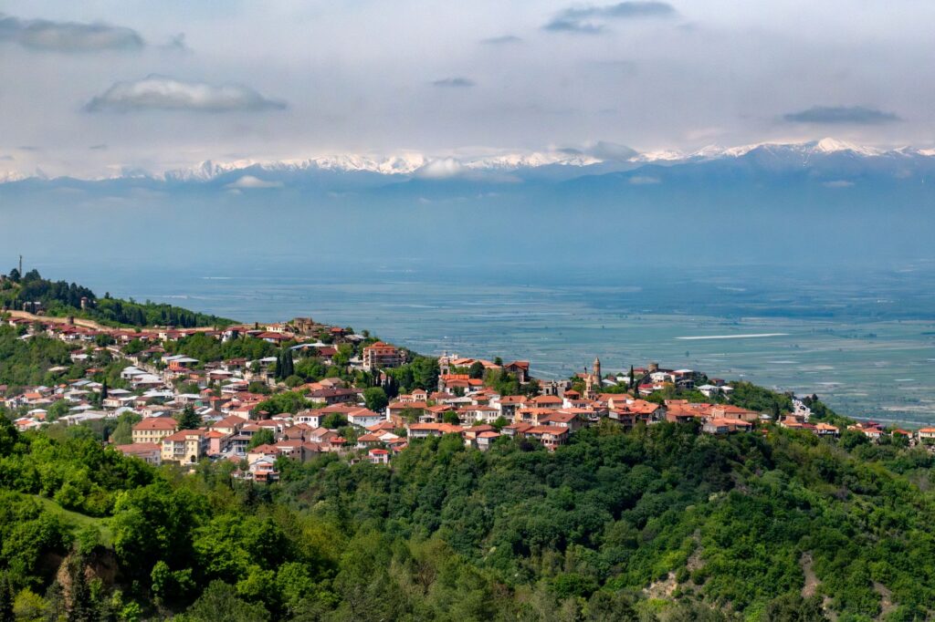 Explore the charming town of Sighnaghi nestled in the lush Alazani Valley with mountainous backdrop.