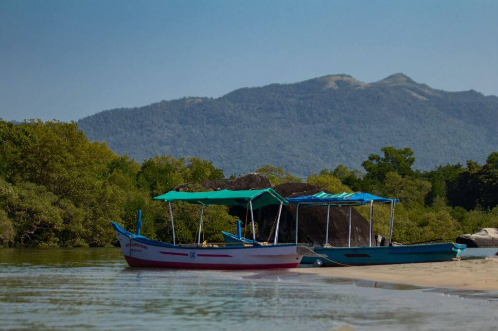 Fishing boats on a serene riverbank in Goa with lush greenery and distant mountains.