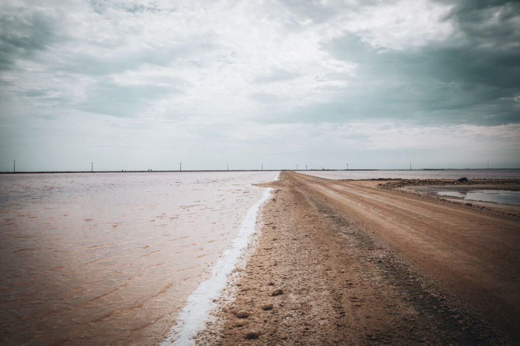 Dirt road through salt marshes of the Rann of Kutch, Gujarat, India, under cloudy skies.