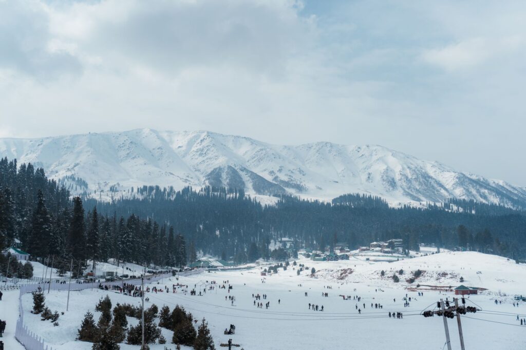 Scenic view of snow-covered mountains and trees in Gulmarg, Kashmir.