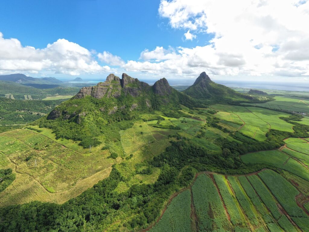 Explore the stunning aerial landscape of Rivière Noire, Mauritius with lush greenery and mountainous views.