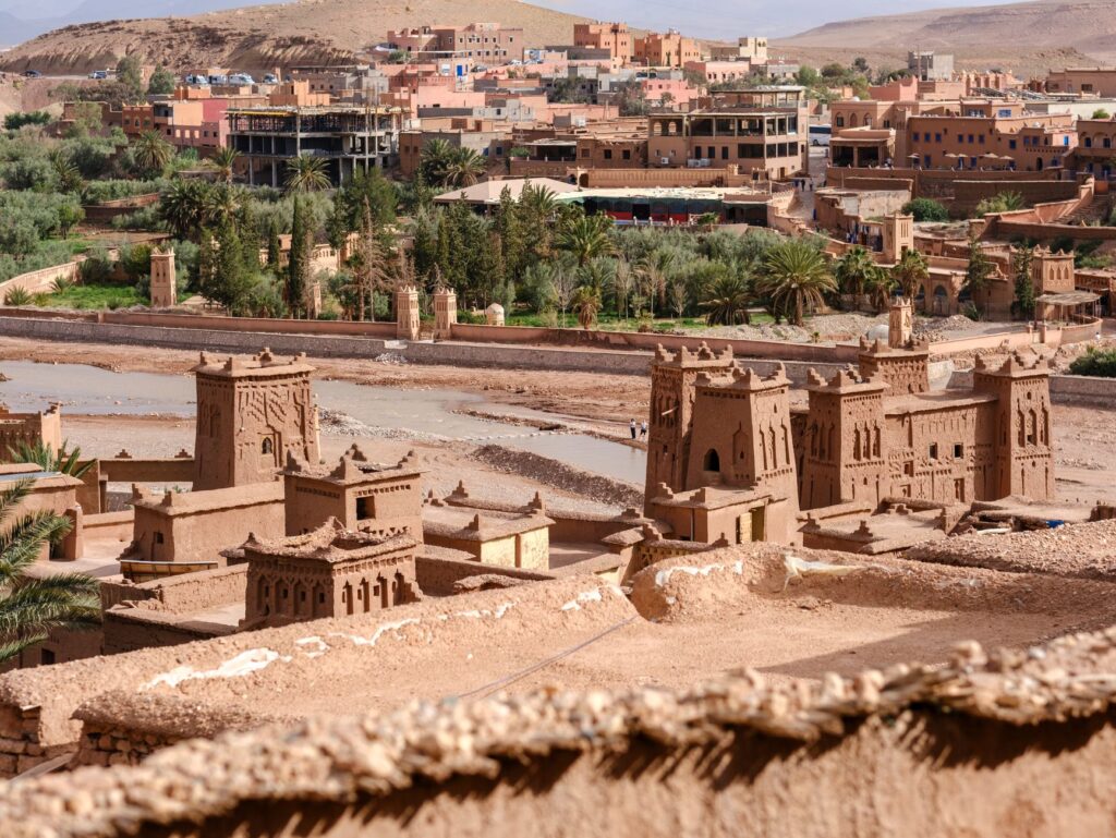 Scenic view of Ait Benhaddou's ancient architecture nestled in Morocco's Atlas Mountains.