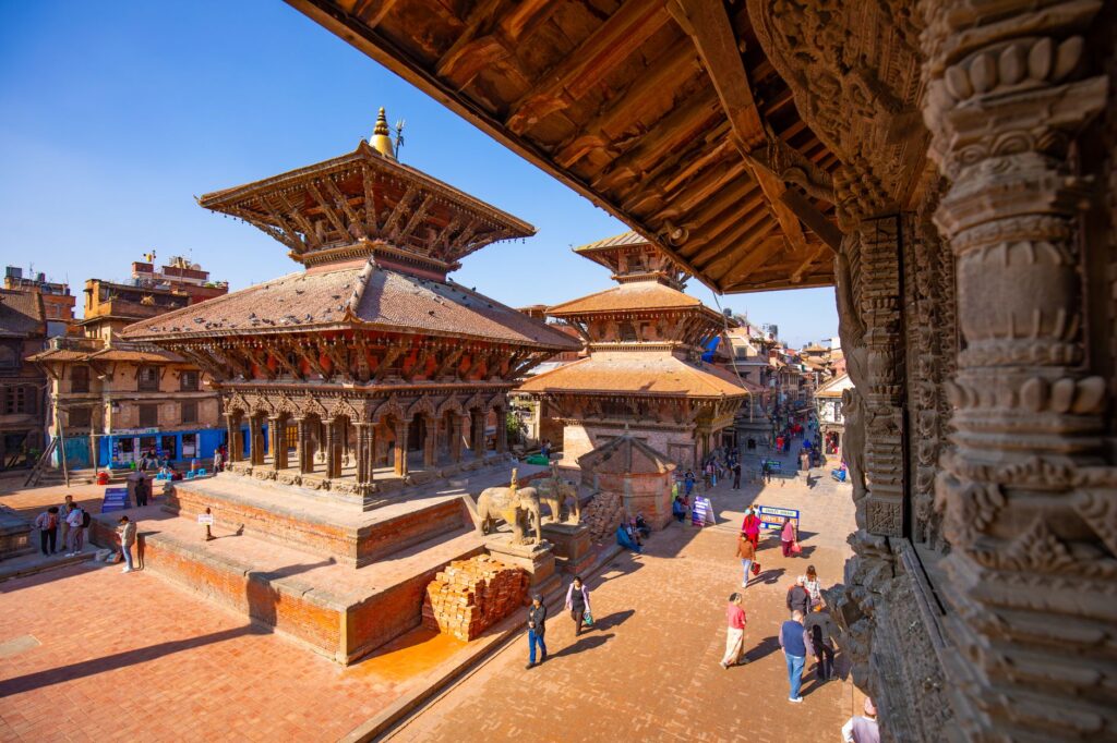 Stunning view of Patan Durbar Square showcasing ancient temples in Kathmandu, Nepal.