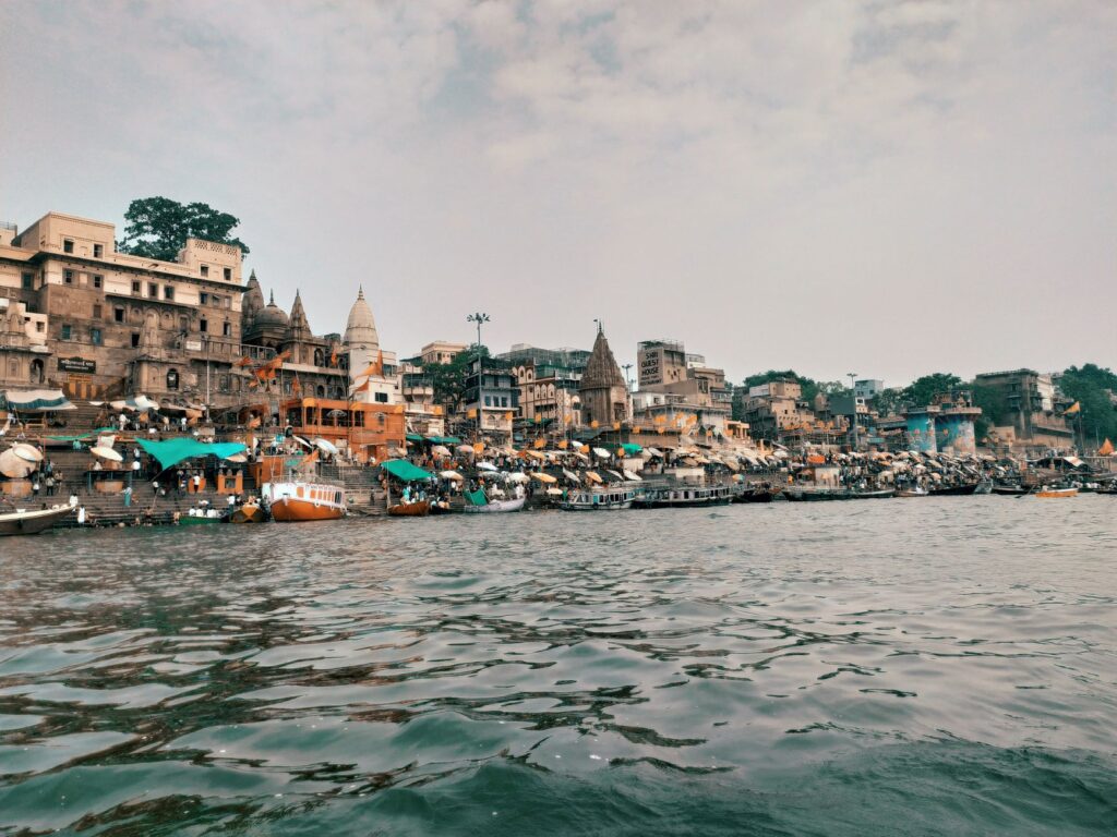 A vibrant view of the ghats in Varanasi, India along the Ganges River.