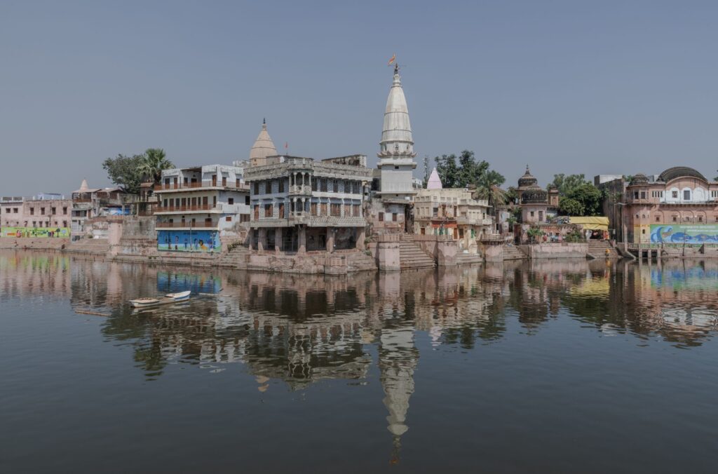 Picturesque landscape of Govardhan reflecting in water, Uttar Pradesh, India.