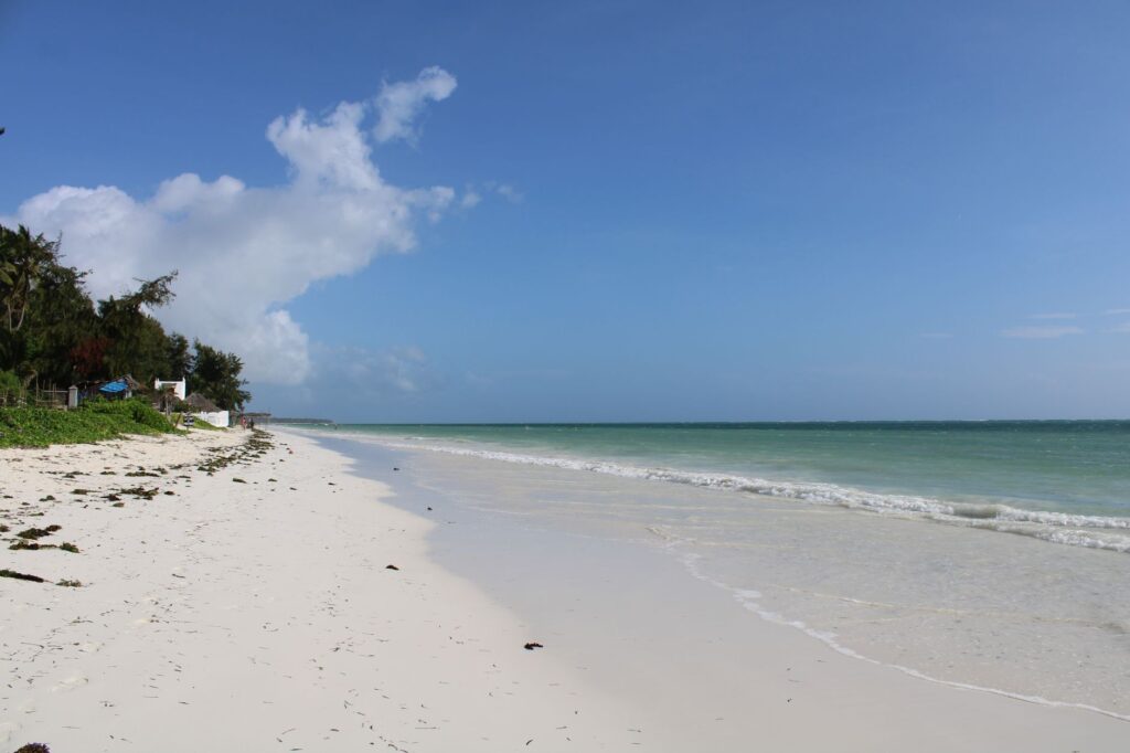 Idyllic white sand beach and azure ocean under clear skies in Zanzibar, Tanzania.
